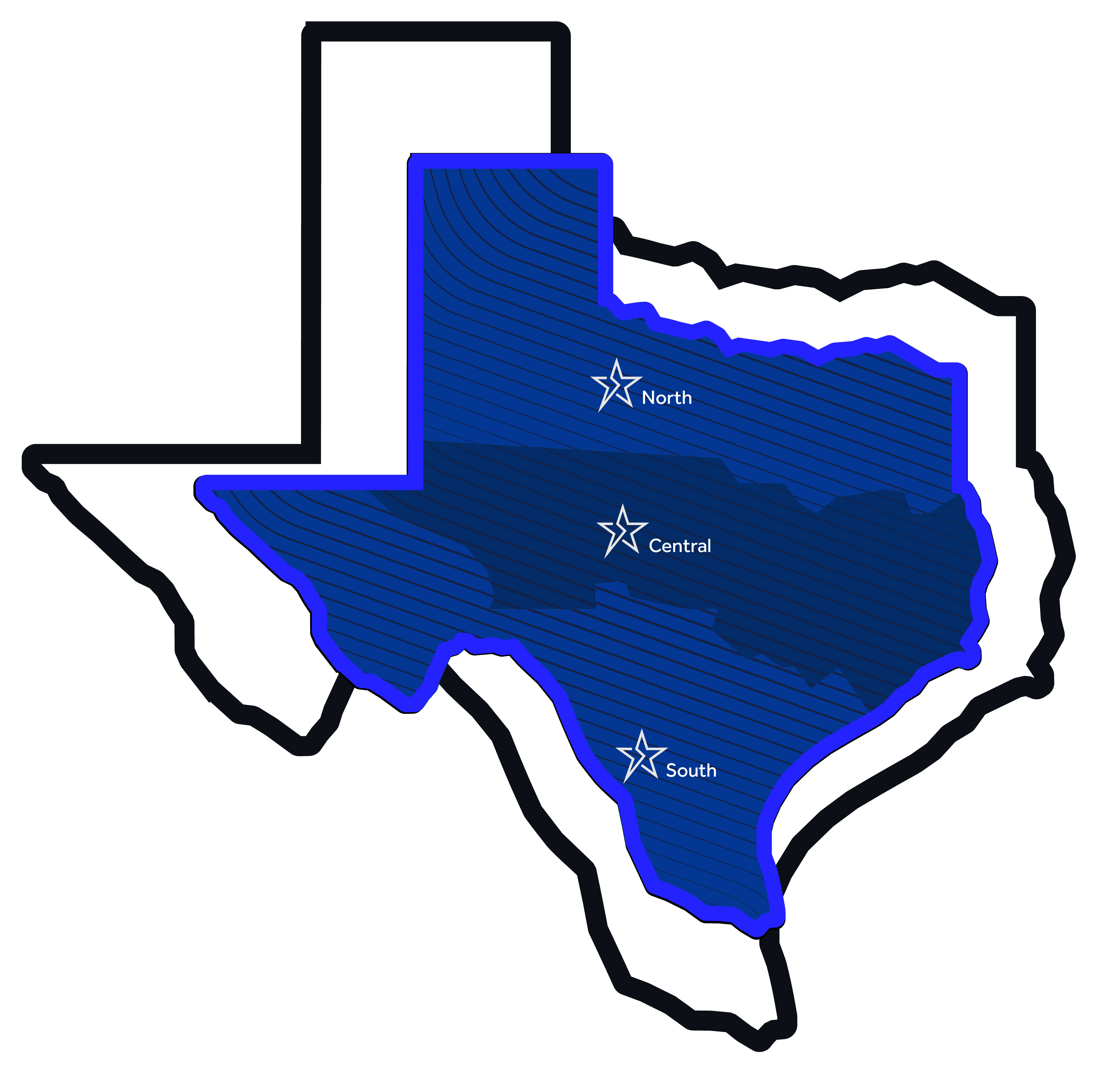 Map of Texas highlighting North, Central, and South sales regions